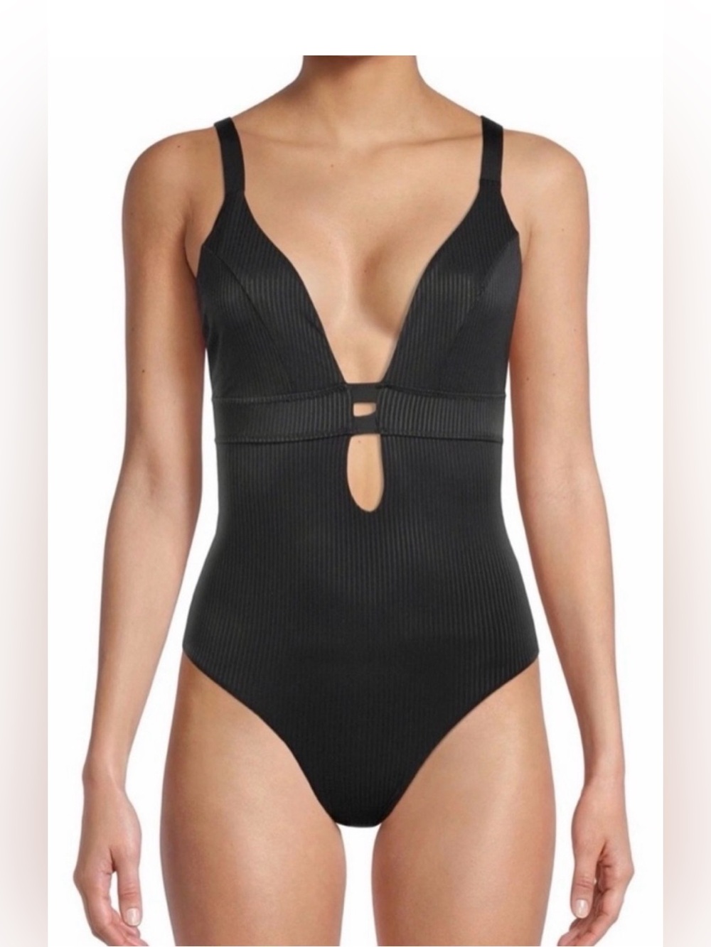 YMI ~ Black Ribbed One-Piece Swimsuit with Front Keyhole NWT - Large